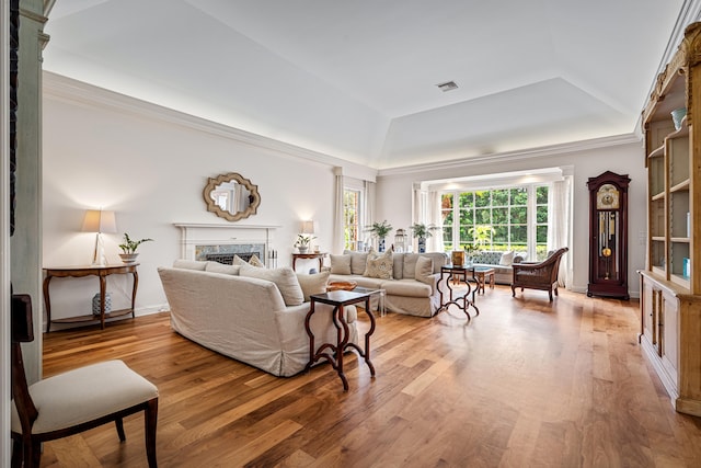 living room with hardwood / wood-style floors and a raised ceiling