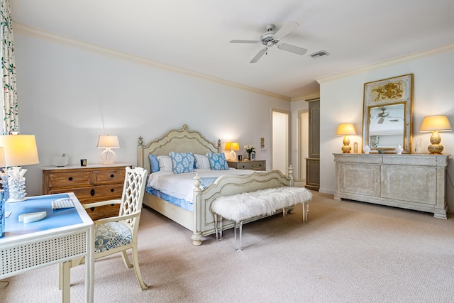 bedroom with carpet, ceiling fan, and crown molding