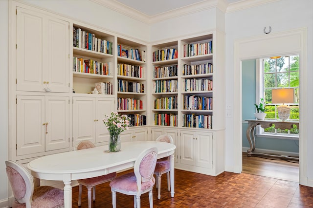 interior space with dark wood-type flooring and crown molding