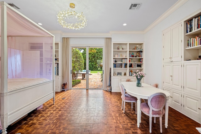 dining space with a notable chandelier, dark parquet flooring, and crown molding