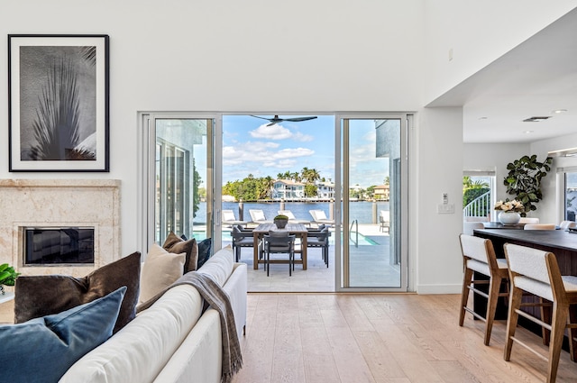 living room with light hardwood / wood-style floors, a premium fireplace, and a water view