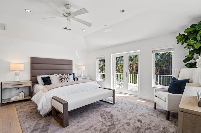 bedroom with ceiling fan, access to exterior, and hardwood / wood-style flooring