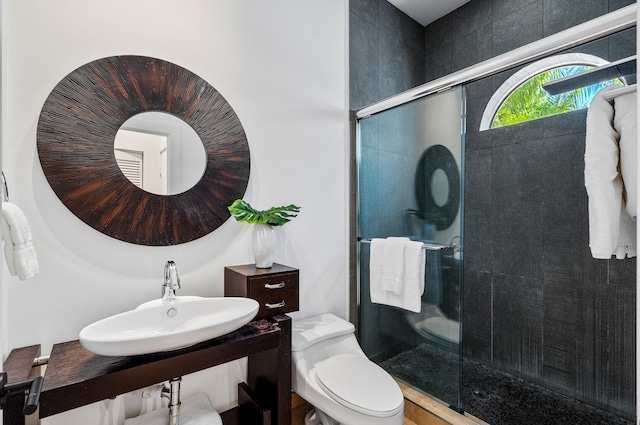 bathroom featuring a shower with door, toilet, and vanity