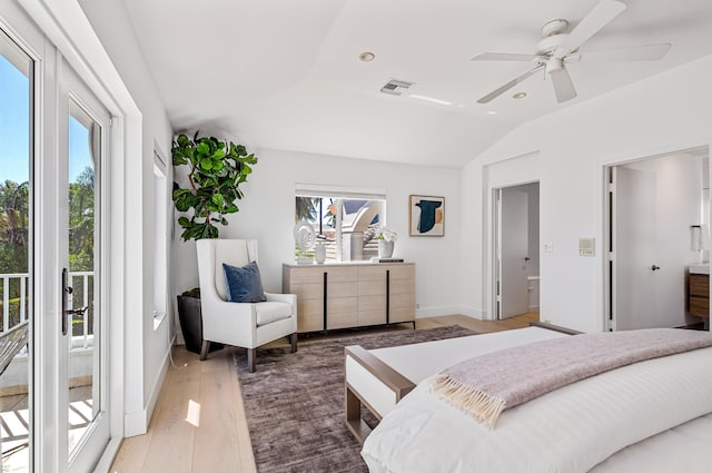 bedroom featuring connected bathroom, ceiling fan, access to outside, and wood-type flooring