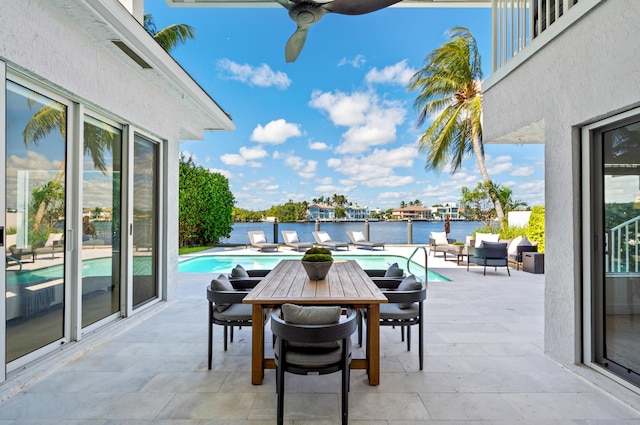 view of patio with a fenced in pool and a water view