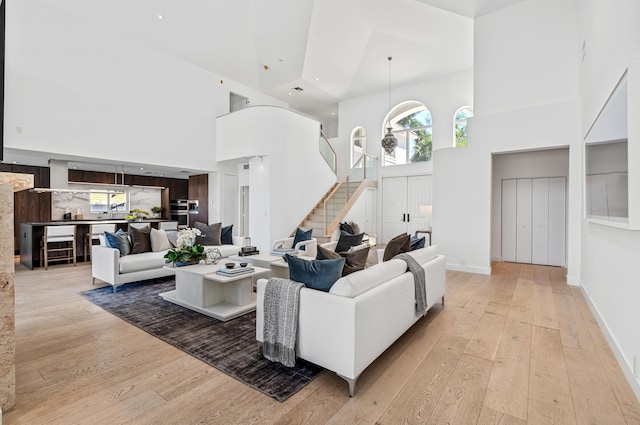 living room featuring a towering ceiling and light hardwood / wood-style flooring