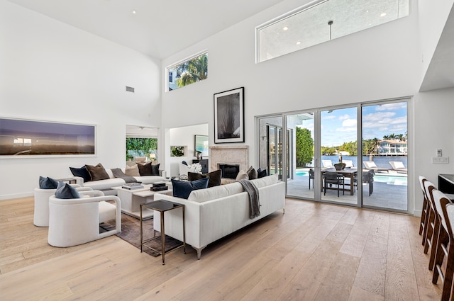 living room featuring light hardwood / wood-style floors and a high ceiling