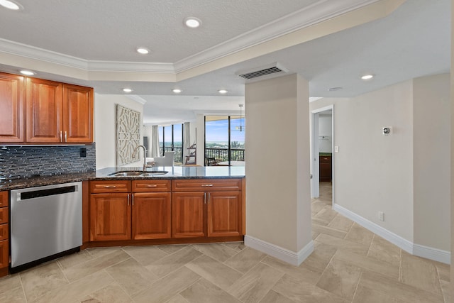 kitchen with decorative backsplash, stainless steel dishwasher, dark stone countertops, sink, and ornamental molding