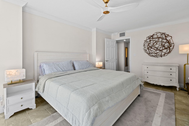 bedroom featuring ceiling fan and crown molding