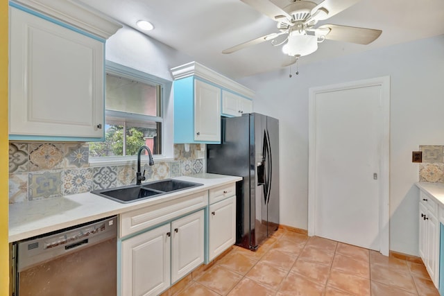 kitchen with white cabinets, dishwasher, sink, and black refrigerator with ice dispenser