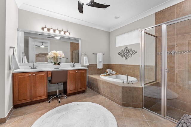 bathroom with ornamental molding, a stall shower, ceiling fan, a sink, and a bath