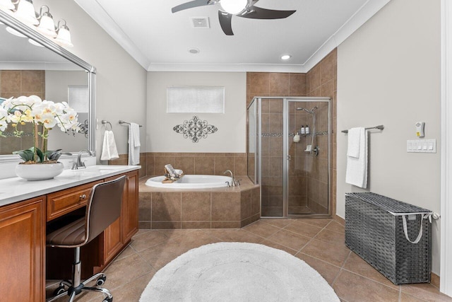 full bath with a garden tub, crown molding, visible vents, a stall shower, and tile patterned flooring