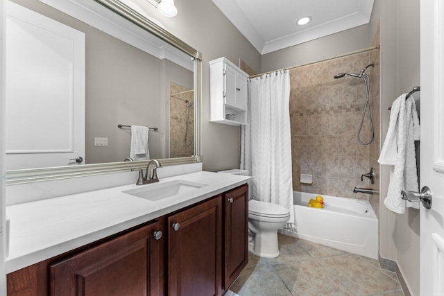 bathroom featuring shower / bath combination with curtain, vanity, toilet, and tile patterned floors