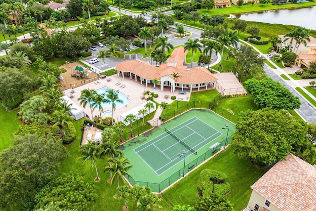 aerial view featuring a water view