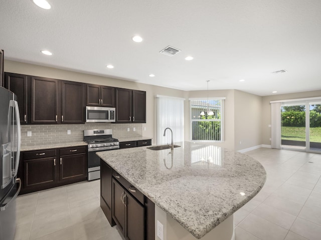 kitchen with a center island with sink, sink, appliances with stainless steel finishes, and a healthy amount of sunlight