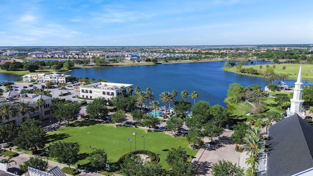 birds eye view of property featuring a water view