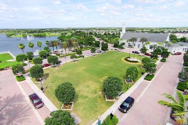 bird's eye view with a water view