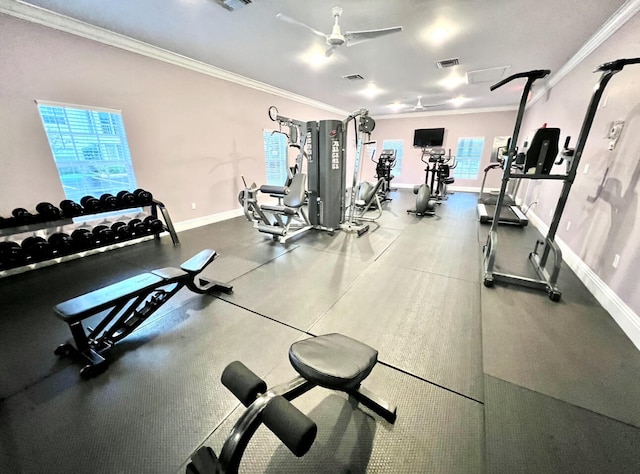 gym featuring ceiling fan and crown molding