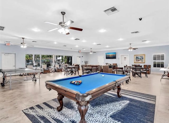 game room featuring billiards, crown molding, and tile patterned floors