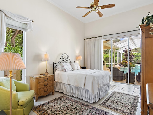 bedroom with access to outside, ornamental molding, light tile patterned floors, and ceiling fan