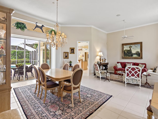 dining area with light tile patterned flooring, ceiling fan with notable chandelier, and crown molding