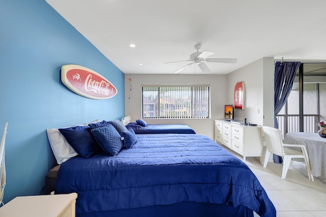 bedroom featuring light tile patterned flooring and ceiling fan