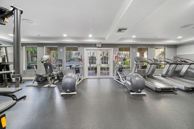 gym with french doors