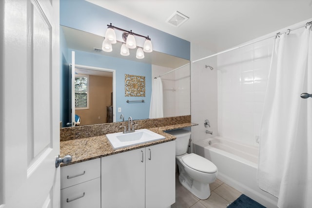 full bathroom with vanity, tile patterned flooring, toilet, and shower / bathtub combination with curtain