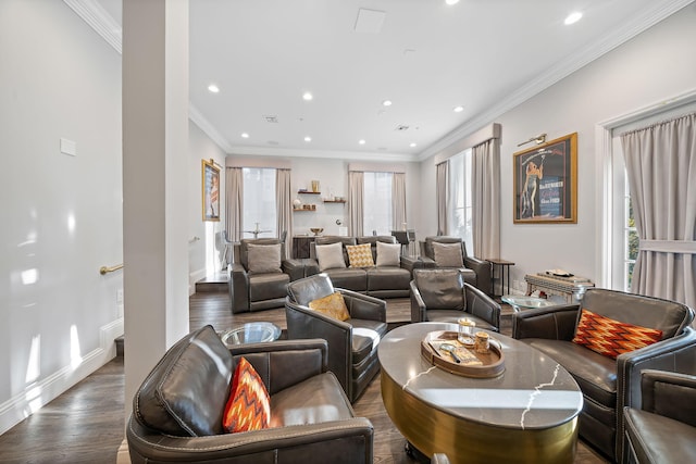 living room featuring ornamental molding and dark hardwood / wood-style floors