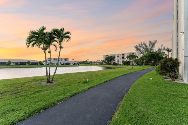 view of community featuring a lawn and a water view