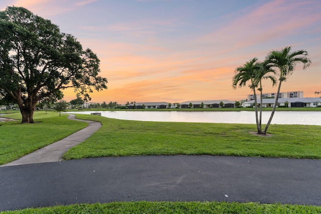 view of property's community featuring a yard and a water view