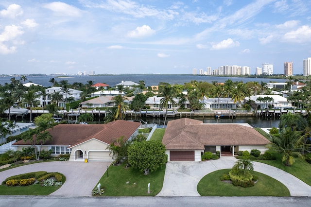 aerial view featuring a water view