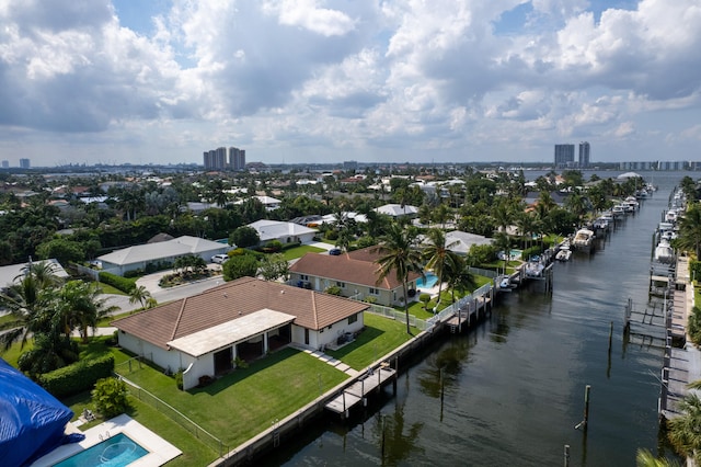 aerial view featuring a water view