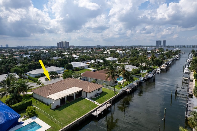 drone / aerial view featuring a water view