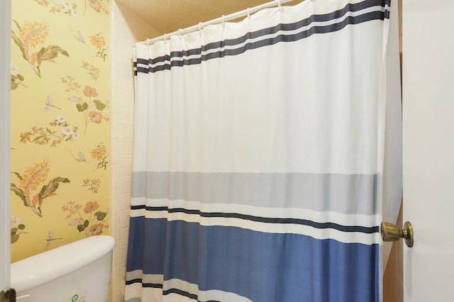 bathroom with a shower with curtain and toilet