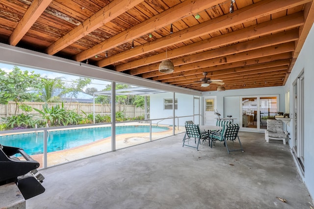 view of pool featuring a patio and ceiling fan