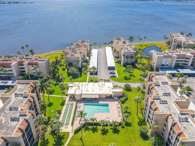 aerial view featuring a water view