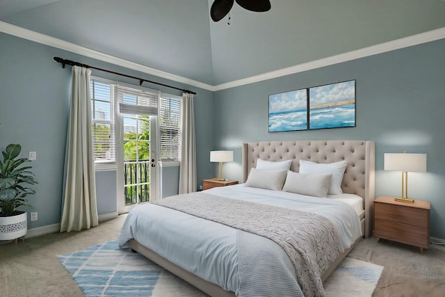 carpeted bedroom with ceiling fan, access to exterior, lofted ceiling, and crown molding