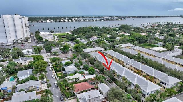 drone / aerial view featuring a water view