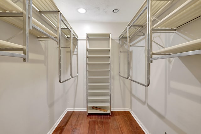 walk in closet with dark hardwood / wood-style flooring