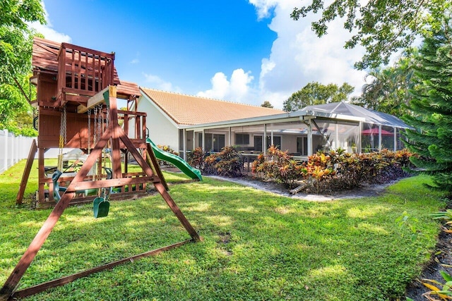 view of jungle gym featuring a yard