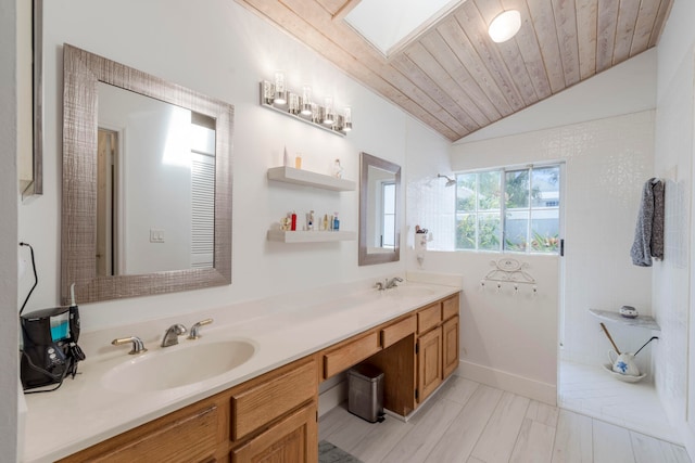 bathroom with vanity, vaulted ceiling, and wooden ceiling