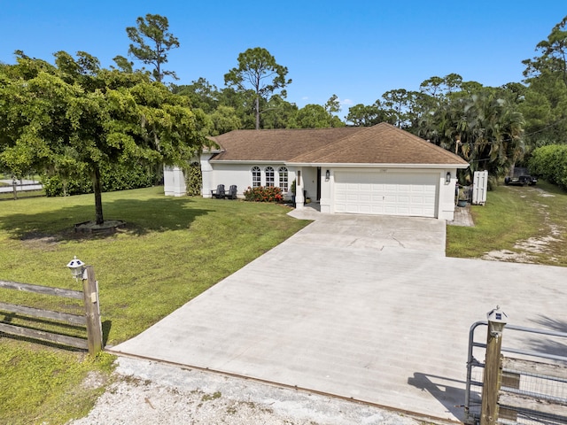 ranch-style house with a front yard and a garage