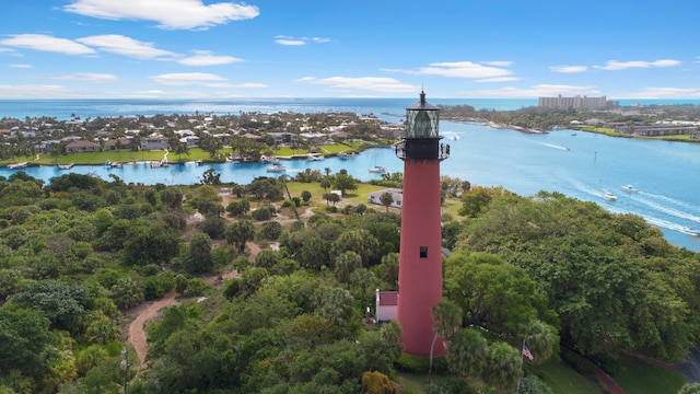 bird's eye view with a water view