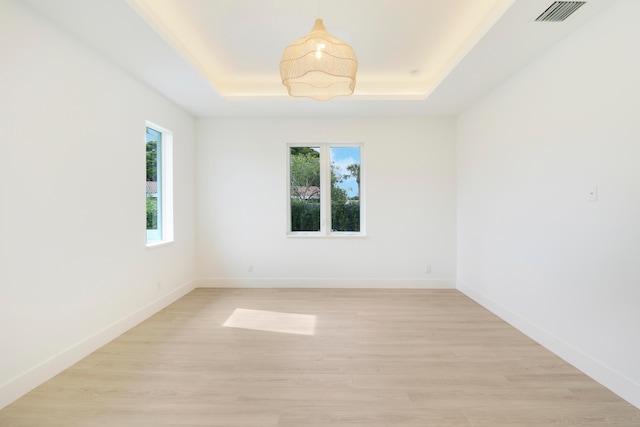 empty room featuring light hardwood / wood-style floors and a raised ceiling