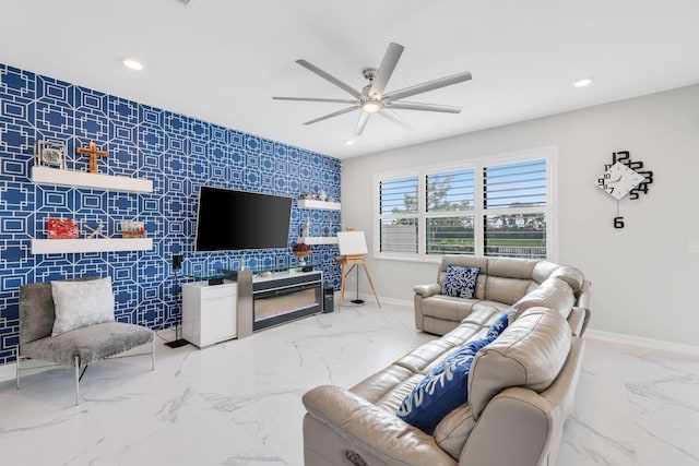 living room with ceiling fan