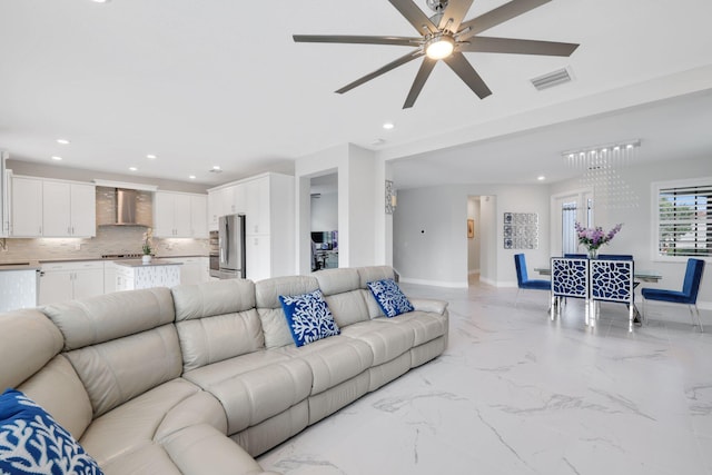 living room with ceiling fan