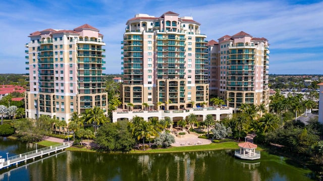 view of building exterior featuring a water view