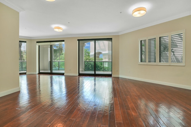 spare room with dark hardwood / wood-style floors and crown molding