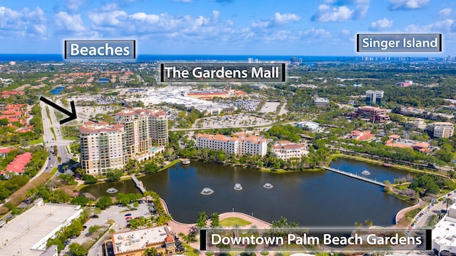 aerial view featuring a city view and a water view